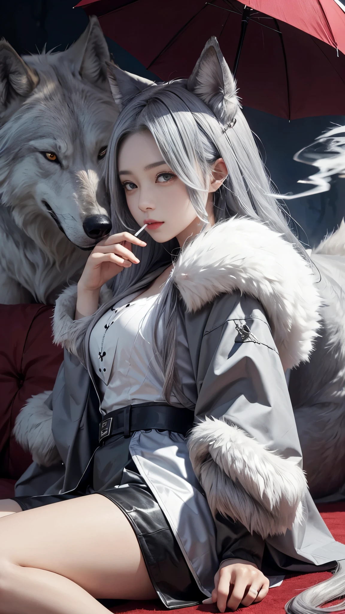 Anthropomorphic silver wolf smoking a cigarette。Her cheeks turned red、The eyes were hollow。Apparently he's drunk。In a dimly lit dance hall and a nightclub with bright flashing lights、Various anthropomorphic animal dancers cheering。Ginrou is a street brand、sunglasses、I'm wearing a hat。clock、necklace、bracelet、Tattoo。Dance like crazy。 (Highest quality、High resolution、8K、masterpiece: 1.2)。