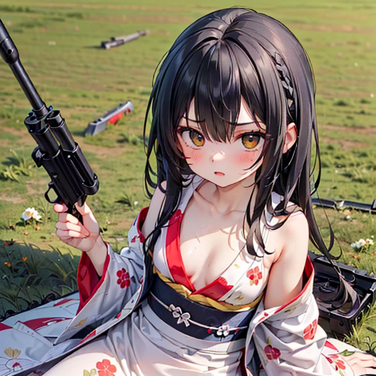 (Fox Girl, Fox Ears, Black colored hair, Fox Makeup, One Girl, Long Hair:1.6), (kimono, Kimono with open chest, A beautiful kimono with red and black patterns, I can see her cleavage, Open chest, Skin is visible:1.8), (Body measurements are 75-60-75!, Young girl body, Small breasts, Small breasts, Emphasize the chest, Prone, Ready your gun?, Take aim, machine gun:1.9), Avatar, face, lewd face, Dominant representation, naughty face, Uplifting, Skin Texture, outside, Grassy field