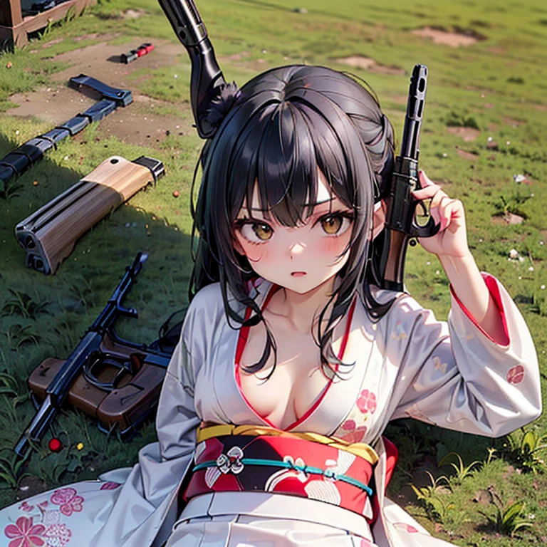 (Fox Girl, Fox Ears, Black colored hair, Fox Makeup, One Girl, Long Hair:1.6), (kimono, Kimono with open chest, A beautiful kimono with red and black patterns, I can see her cleavage, Open chest, Skin is visible:1.8), (Body measurements are 75-60-75!, Young girl body, Small breasts, Small breasts, Emphasize the chest, Prone, Ready your gun?, Take aim, machine gun:1.9), Avatar, face, lewd face, Dominant representation, naughty face, Uplifting, Skin Texture, outside, Grassy field