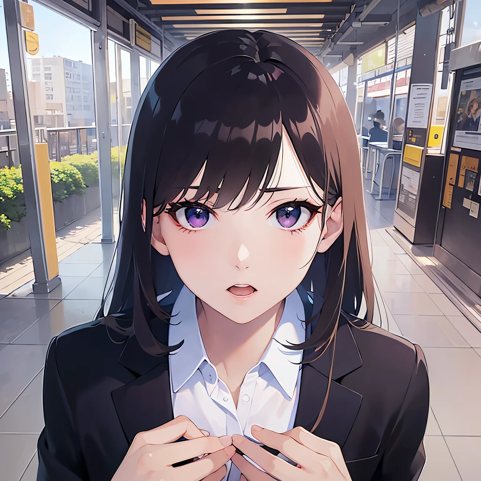 Close-up of your face、Shooting from above、clasping own hands, Realistic, real person, (pale skin: 1.2), RAW photo, photorealistic, shiny skin, shiny hair、(A 25-year-old woman with straight hair and bangs) and (medium hair) and (black hair) and (purple eyes) , (business suit:1.5) and (white collared shirt)、(sad:1.2), open mouth, The background is a train station platform.、Alone、