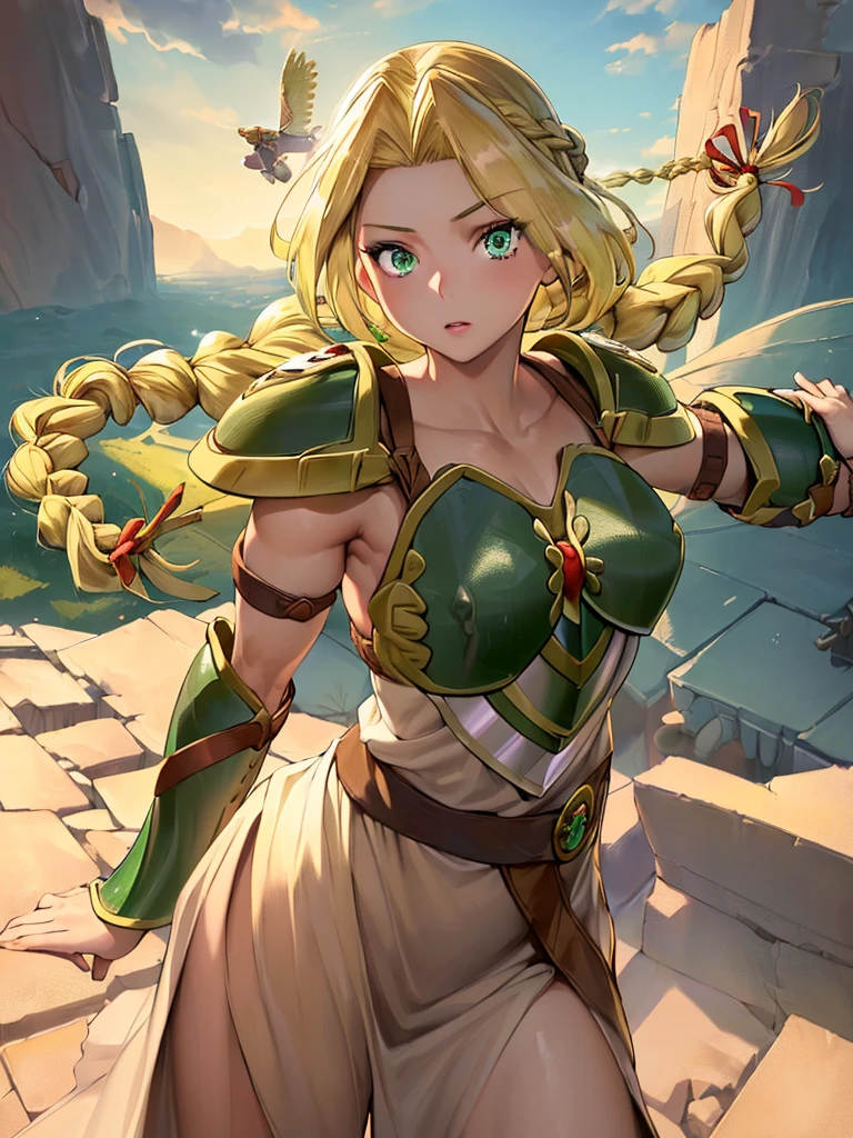 masterpiece,best quality, 1girl, 18yo, beautiful girl,BREAK,(Armor:1.8),(Beautiful blonde,braid,Green Eyes:1.5),(She flies in the sky:1.4),