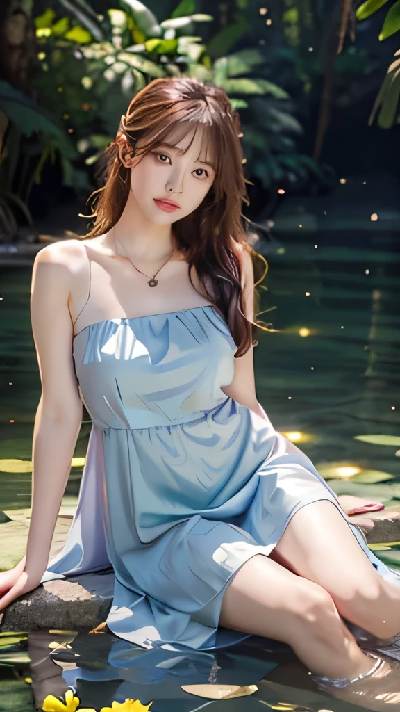 (full bodyesbian:1.5),(1girll:1.3),(view the viewer:1.4),(anatomy correct:1.4),(Sitting in the hot spring:1.2),(Wear a slip dress:1.2),(Accurate and perfect face:1.3),(Long legs:1.3),hyper HD, Ray traching, reflective light, structurally correct, Award-Awarded, High detail, Fade-in and fade-out shadow contrast, Face lighting ,Cinematic lighting, Masterpiece, super detailing, High quality, High detail, Best quality, 16k,High contrast,