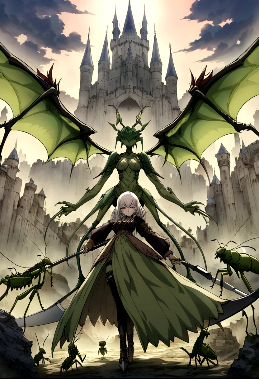 Anime Style.Fantasy World.Female Demon of the Demon King&#39;s Army.pretty girl.Has the abilities of a praying mantis.It has mantis wings on its back,The bikini is green.Has a large scythe weapon.The background is Devil's Castle

