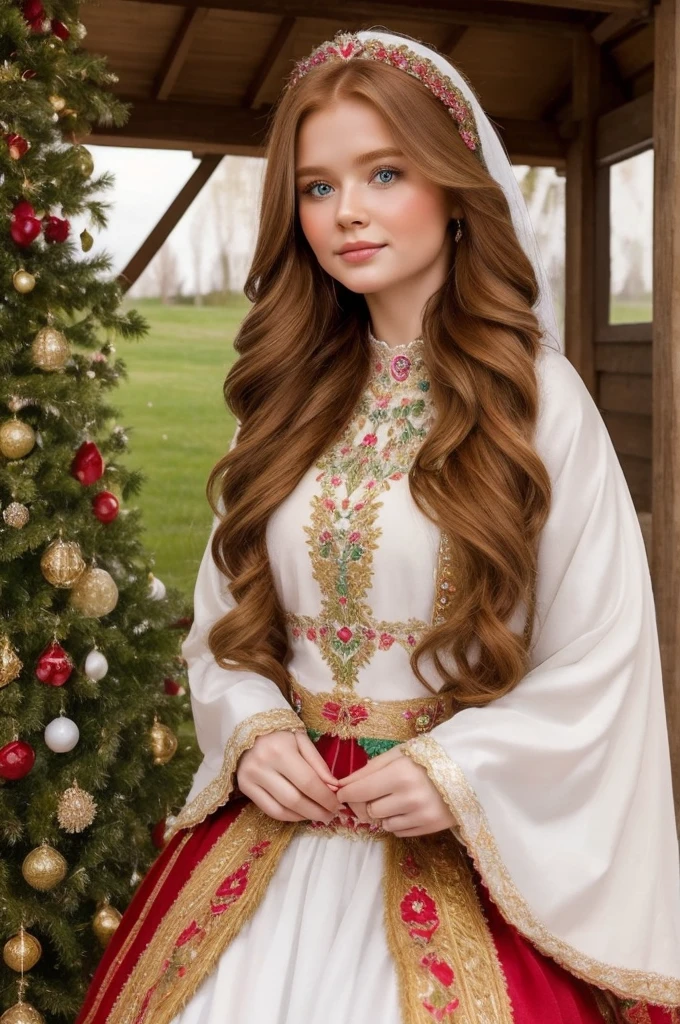 A gorgeous, pretty, shiny, kind-hearted, warm-hearted, sweet, polite, sensitive, friendly, charming, graceful, stylish, classy, alluring, majestic, ethereal, angelical ginger long haired russian woman dressed in traditional colourful folk costumes. A little cute girl is with her.