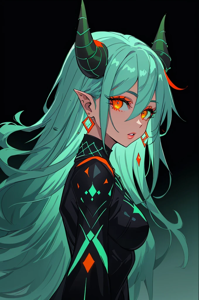 blacklightdskStyle, 1girl, solo, long hair, looking at viewer, hair between eyes, jewelry, medium breasts, upper body, earrings, parted lips, green hair, horns, from side, lips, orange eyes, eyelashes, aqua hair, glowing, demon horns, glowing eyes, masterpiece, official art, absurdres, 32k UHD, 4 point perspective, vantage point,