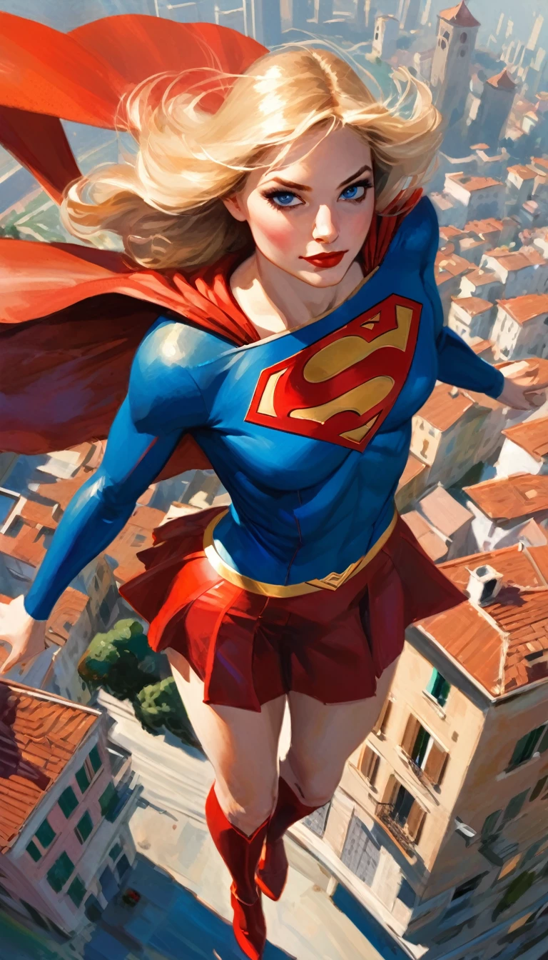 view from above supergirl character, flying over a nice Italian city (art inspired in Bill Sienkiewicz). oil painting)