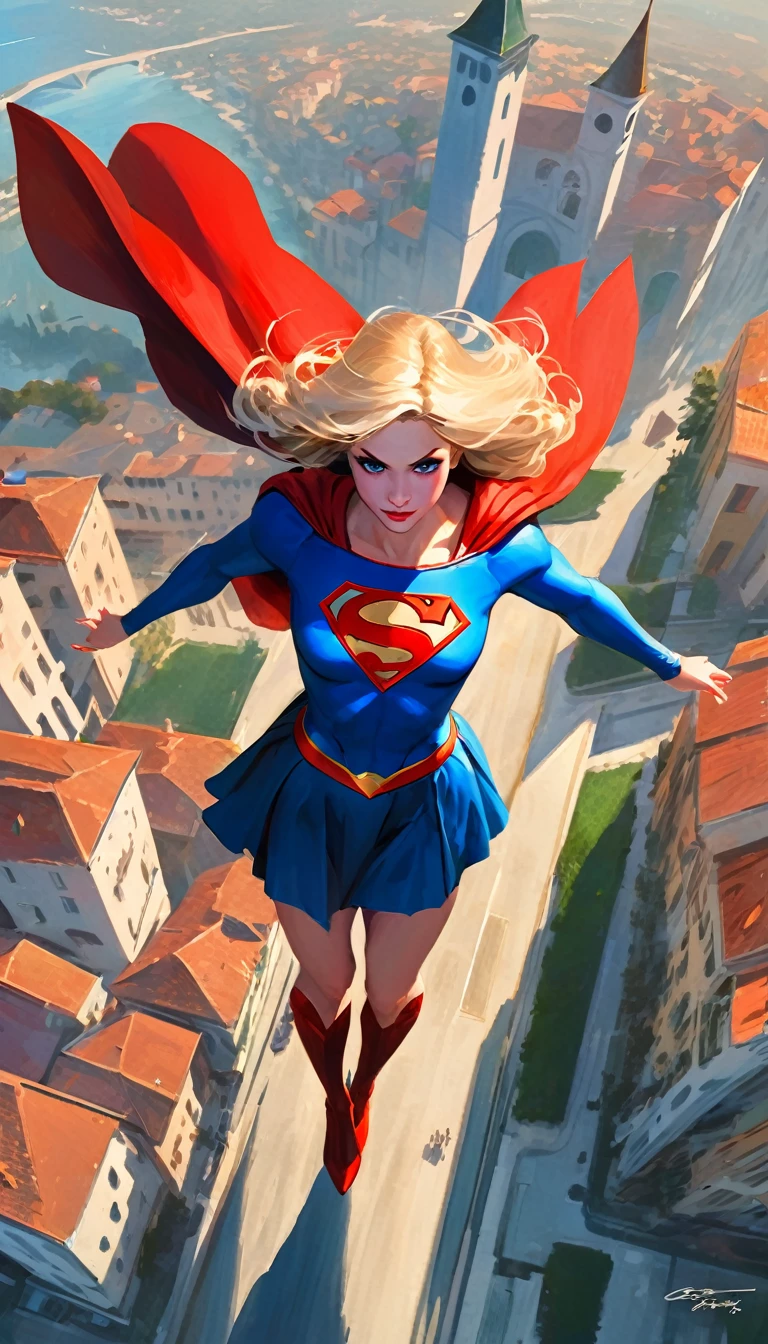view from above supergirl character, flying over a nice Italian city (art inspired in Bill Sienkiewicz). oil painting)