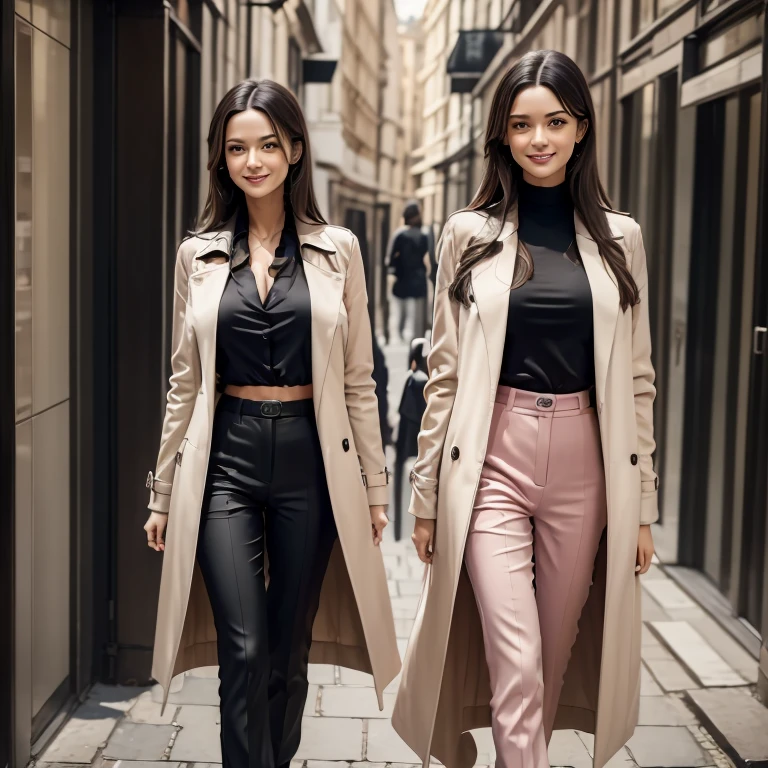 An Italian woman with long straight brown hair, dressed in a black blouse and couture trousers, and a pink coat, smiles while walking through the streets of London. realistic image, Full HD 4K