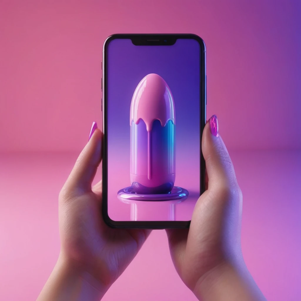 smartphone in her hand, blackhair female hands holding dildo to her face, that is glowing with pink and purple colours, dripping wet, closeup macro photo, minimalistic, in a light purple and pink style, with soft edges and blurred details, in the toycore style, with a 3D render, on a colorful background, with a minimalist stage design, in a surreal style, with a cinema4D rendering, with a minimalist style, with low saturation, using gradient colors, with a cinema4D rendering, with a blender rendering, with super detail, at a super high resolution, at a super high definition