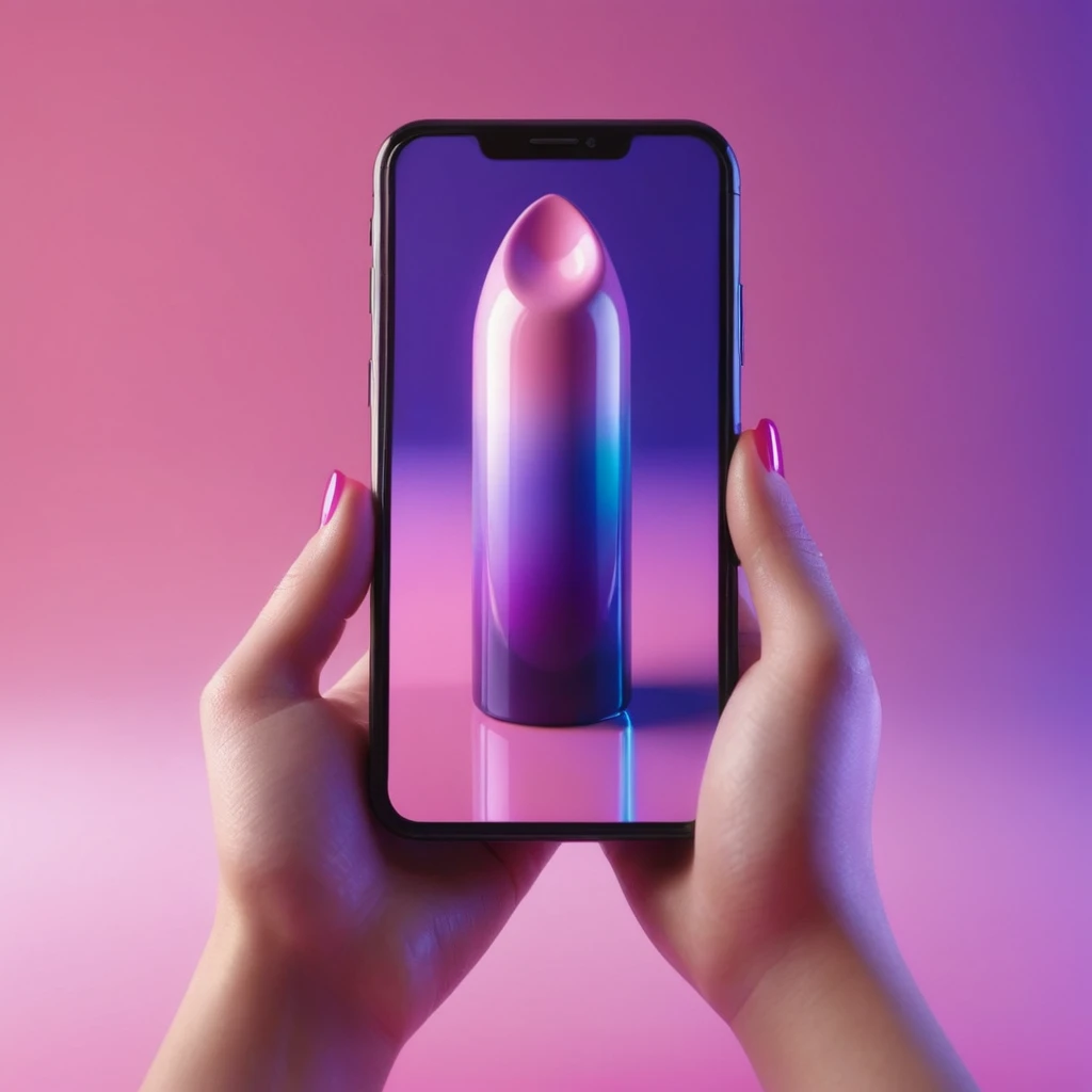 smartphone in her hand, blackhair female hands holding dildo to her face, that is glowing with pink and purple colours, dripping wet, closeup macro photo, minimalistic, in a light purple and pink style, with soft edges and blurred details, in the toycore style, with a 3D render, on a colorful background, with a minimalist stage design, in a surreal style, with a cinema4D rendering, with a minimalist style, with low saturation, using gradient colors, with a cinema4D rendering, with a blender rendering, with super detail, at a super high resolution, at a super high definition
