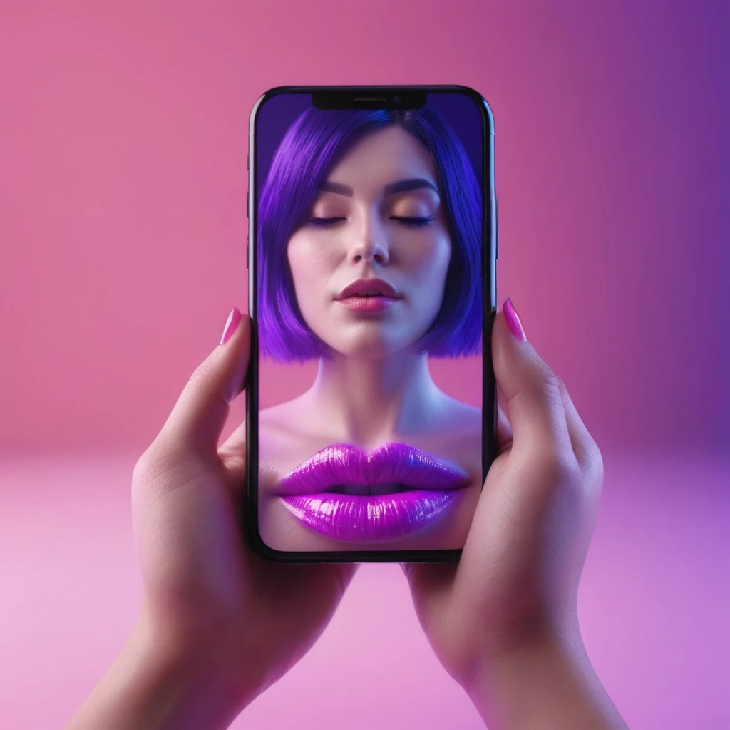 smartphone in her hand, blackhair female hands holding dildo to her face, that is glowing with pink and purple colours, dripping wet, closeup macro photo, minimalistic, in a light purple and pink style, with soft edges and blurred details, in the toycore style, with a 3D render, on a colorful background, with a minimalist stage design, in a surreal style, with a cinema4D rendering, with a minimalist style, with low saturation, using gradient colors, with a cinema4D rendering, with a blender rendering, with super detail, at a super high resolution, at a super high definition