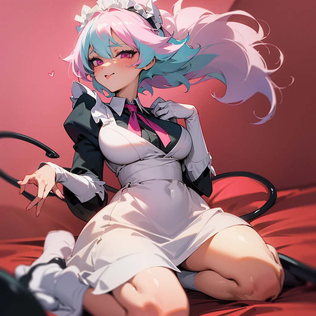 ((masterpiece)), ((best quality)), ((highly detailed)), (original), ((delicate background)), ((extremely detailed 8K wallpaper)), sweet, depth of field, 
BREAK 
((maid clothes)), ((scanty clothing)), lots of frills, big breasts, 
BREAK 
curly hair, faint pink hair, short hair, 
BREAK 
((heart-shaped eyes)), pink eyes, tongue out, blush, 
BREAK 
1girl, solo, cute girl, 15 years old, shiny skin, 
BREAK 
full body shot, on the bed, ((wariza)), looking at the viewer, 