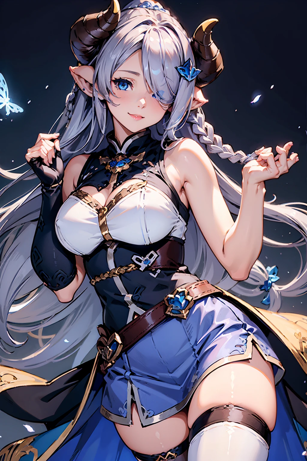 (((1 female))), ((Detailed blue eyes)), ((Silver long hair)), Large Breasts, perfectly drawn body, Narmaya, Charming smile, mini skirt, best quality, masterpiece, Extremely detailed