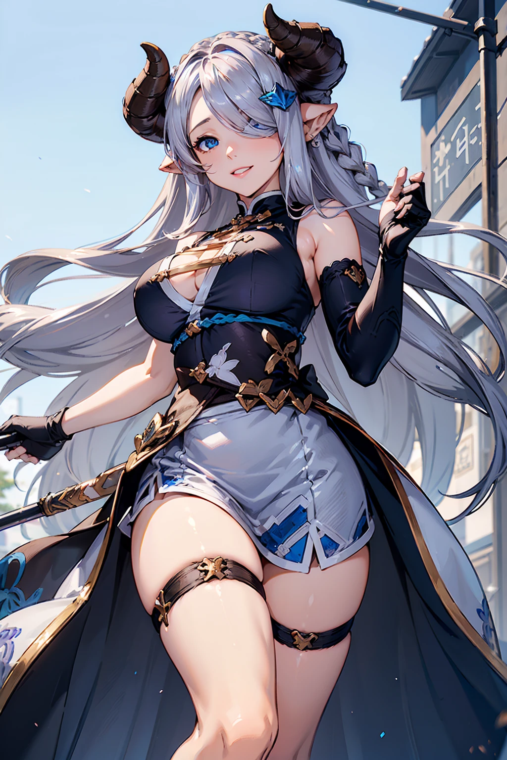 (((1 female))), ((Detailed blue eyes)), ((Silver long hair)), Large Breasts, perfectly drawn body, Narmaya, Charming smile, mini skirt, best quality, masterpiece, Extremely detailed