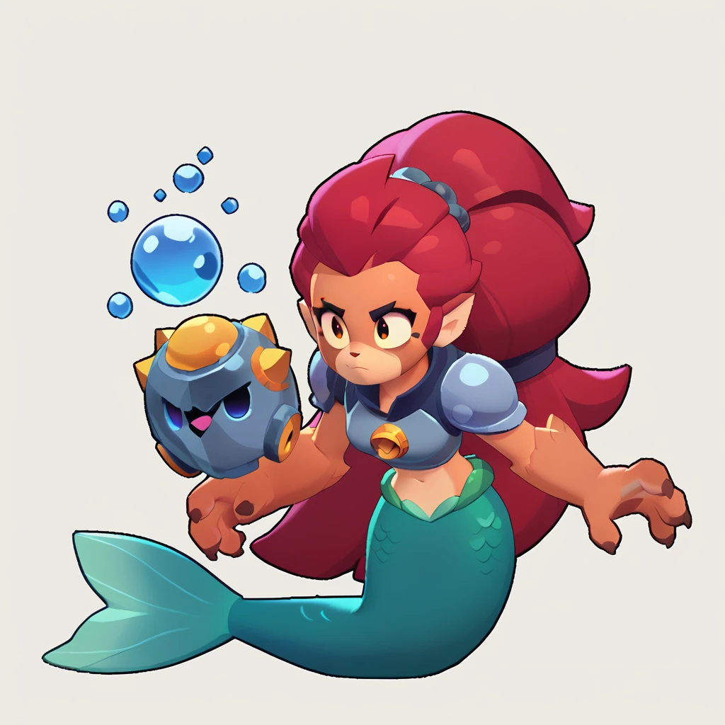 full body view of a furry mermaid, furry animal, female, long hair, red and white color, having steel shoulder pads, brawl, brawl stars 