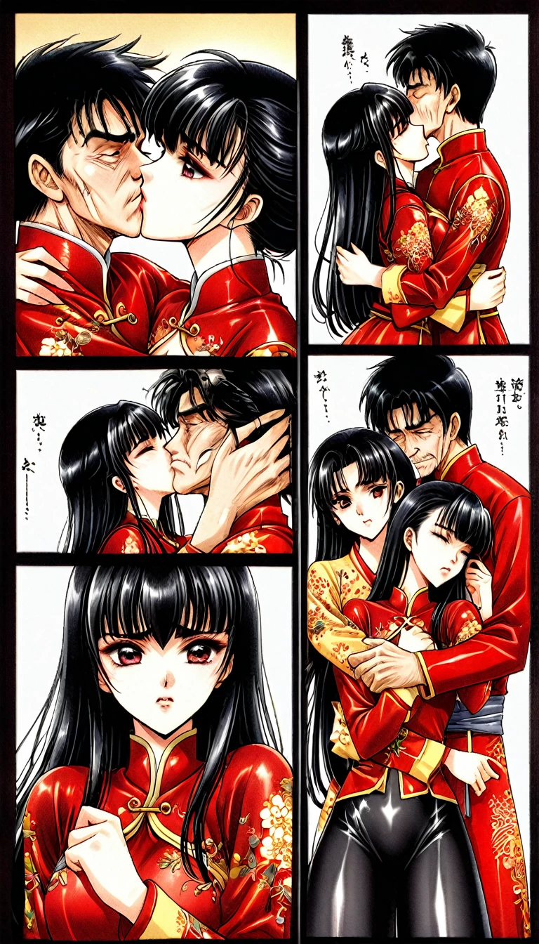 A tragic historical drama in 8k live-action style: Beautiful palace secrets　Beautiful Chinese Kung Fu Girl Princess with Long Black Hair　Gorgeous embroidery, Ultra glossy, She is wearing shiny red top and bottom long sleeve floral kung fu suit pajamas....　　　She is hugged and forced to kiss by an old man