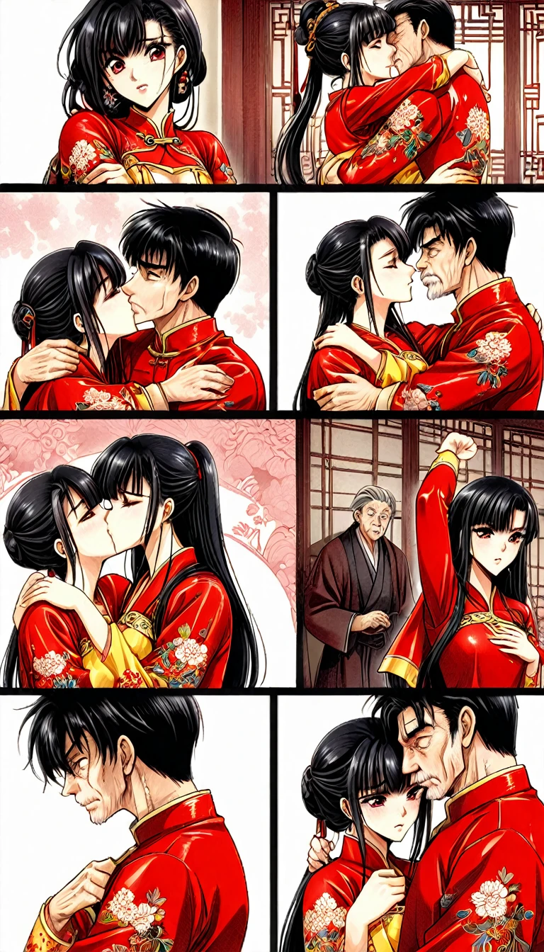 A tragic historical drama in 8k live-action style: Beautiful palace secrets　Beautiful Chinese Kung Fu Girl Princess with Long Black Hair　Gorgeous embroidery, Ultra glossy, She is wearing shiny red top and bottom long sleeve floral kung fu suit pajamas....　　　She is hugged and forced to kiss by an old man