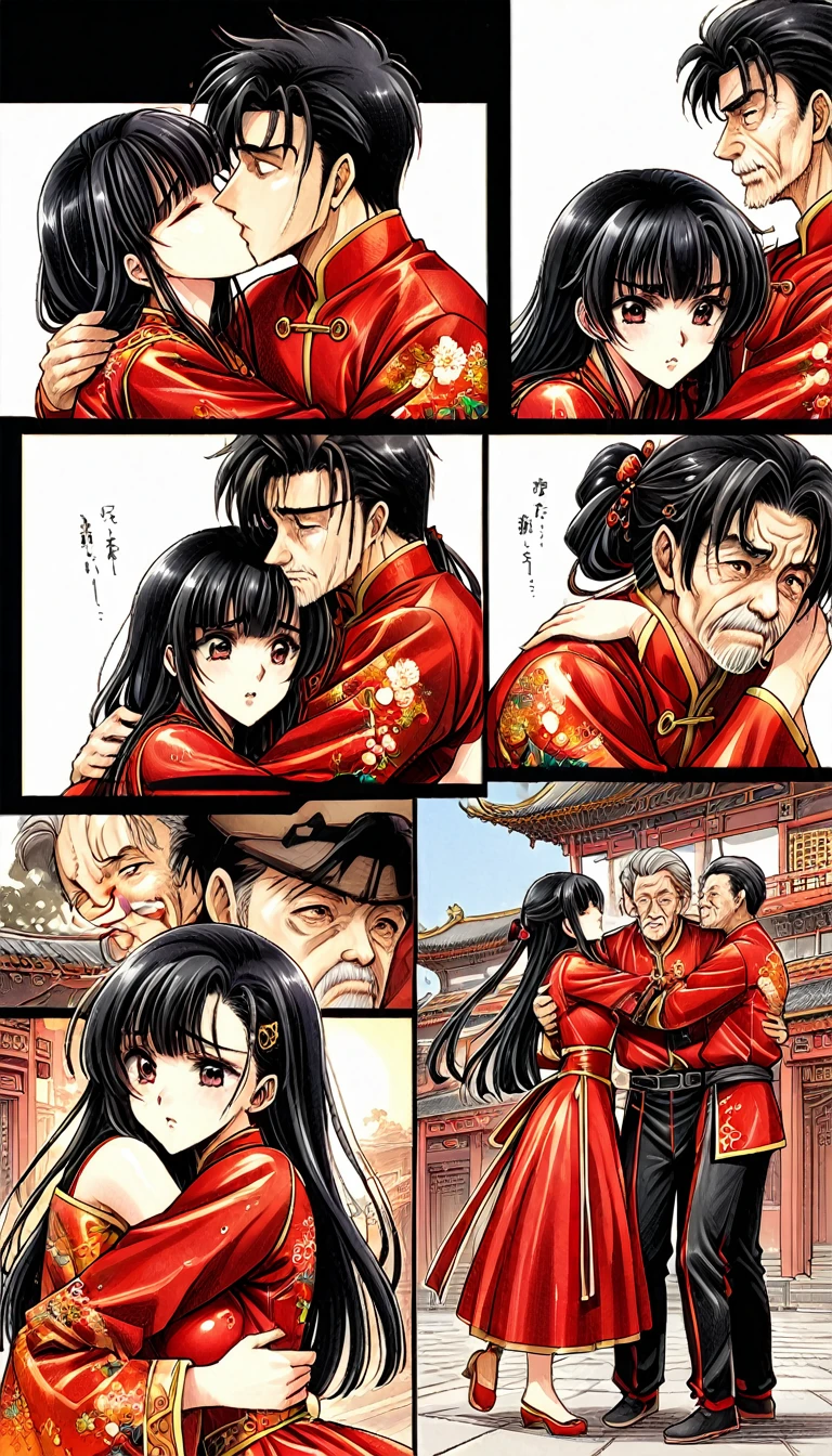 Period drama manga style　A -yeld su beautiful Chinese girl with black hair in a bun cut(1 person)　She is wearing a royal long-sleeved Chinese dress　She is hugged by the perverted old emperor and forced to deep kiss him, causing him to cry.　She exposes her nipples and gets fucked by The Body Builder