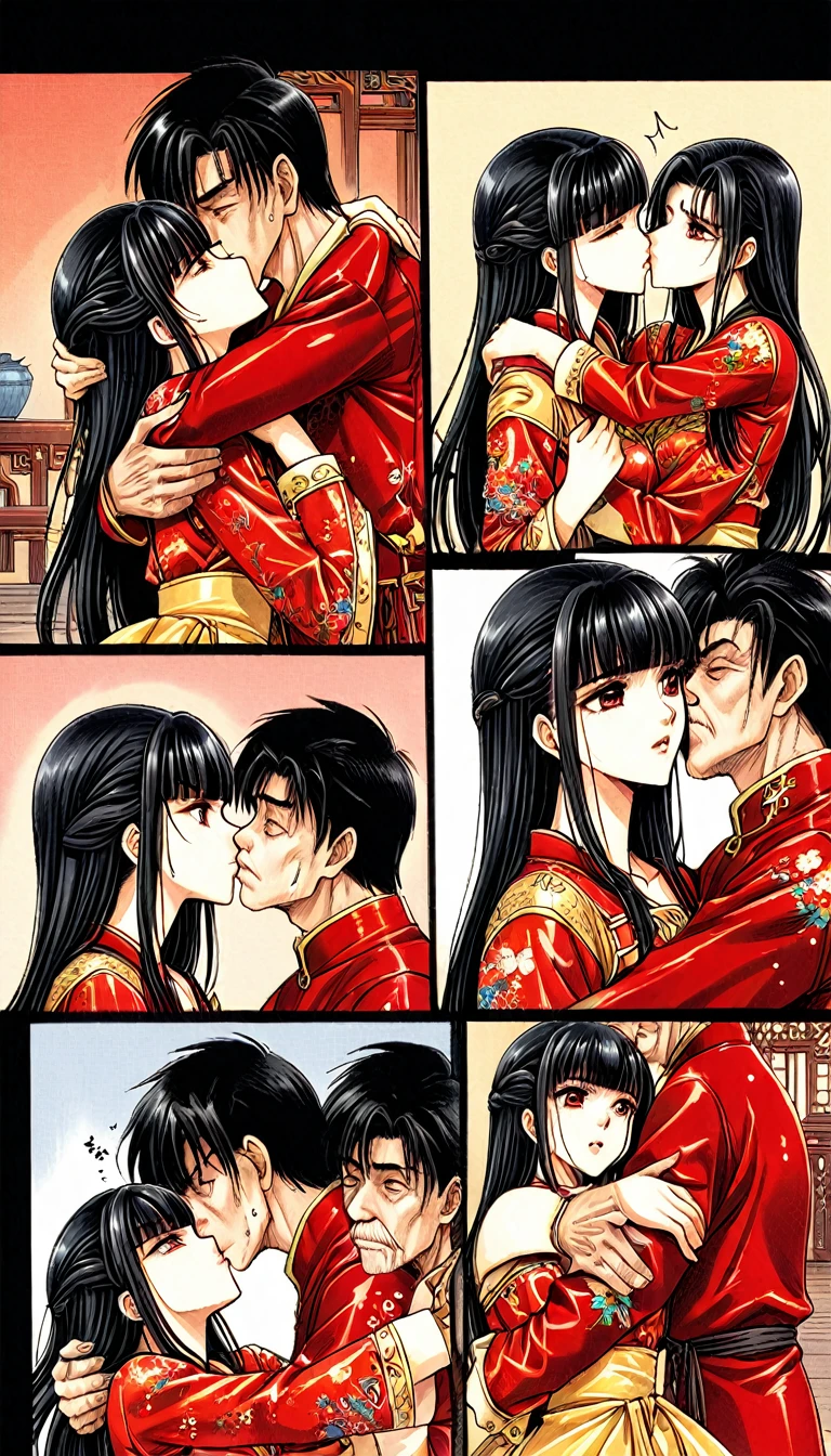 A tragic historical drama in 8k live-action style: Beautiful palace secrets　Beautiful Chinese Kung Fu Girl Princess with Long Black Hair　Gorgeous embroidery, Ultra glossy, She is wearing shiny red top and bottom long sleeve floral kung fu suit pajamas....　　　She is hugged and forced to kiss by an old man