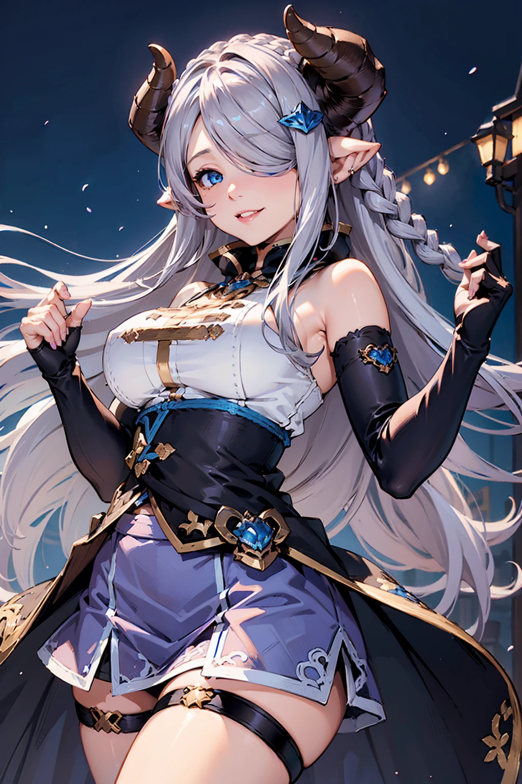 (((1 female))), ((Detailed blue eyes)), ((Silver long hair)), Large Breasts, perfectly drawn body, Narmaya, Charming smile, mini skirt, best quality, masterpiece, Extremely detailed