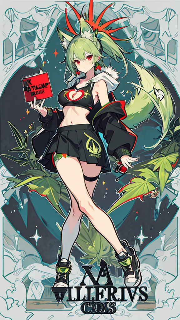 Croped, cleavage, slim waist, cropped hoodie underboob, cropped hoodieunderboobhoodie, 1 girl, 2 wolf ears, wolf tail, marijuana crop hoodie, crop shorts, marijuana hoodie, spiky hair, spiky fur, green hair, red eyes,marijuana field, tight clothes, perfect eyes, perfect hands, clear resolution, full body, cleavage skin, marijuana plants, open hoodie, marijuana field, black thigh high socks, full body, earrings, 1girl, skirt, cleavage, slim waist, cleavage, slim waist, hair pulled back, big breast, round butt, slim waist, best quality, thick thighs, D-cup breast, 4k quality, night time, full moon