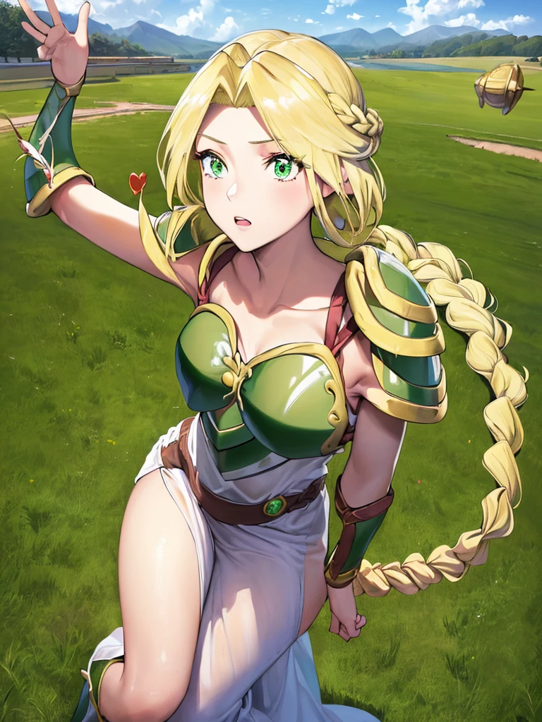 masterpiece,best quality,1girl, 18yo, beautiful girl,BREAK,(Armor:1.5),(Helmet with wings:1.4),(Beautiful blonde,braid,Green Eyes:1.5),BREAK,(White Dress,Green panties visible through the gap in her dress:1.3),BREAK,(blush:1.5), (blue sky:1.2),(Lying on the grass:1.3),(move chart:1.3),BREAK,(Sexual climax,Female ejaculation,Spread your legs:1.5)