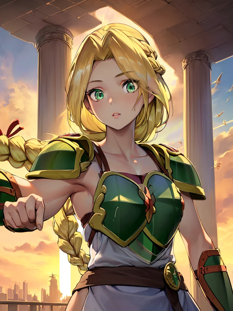 masterpiece,best quality, 1girl, 18yo, beautiful girl,BREAK,(Armor:1.8),(Beautiful blonde,braid,Green Eyes:1.5),(She falls from the sky:1.4),