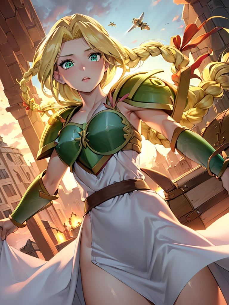 masterpiece,best quality, 1girl, 18yo, beautiful girl,BREAK,(Armor:1.8),(Beautiful blonde,braid,Green Eyes:1.5),(She flies in the sky:1.4),