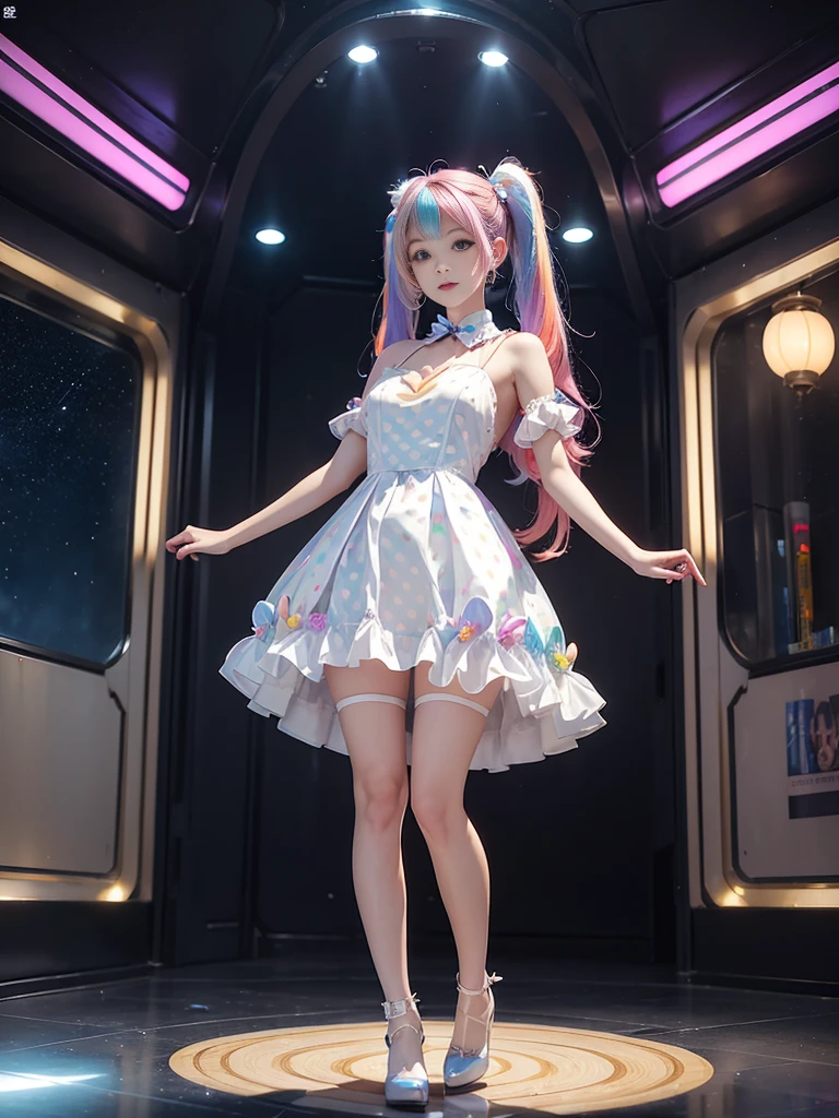 Cute redhead, gravure Idol, with rainbow colored hair tips, ribbons in her hair, 18-year-old woman, happy, in twin tails, perfect symmetrical eyes, clear sparkling blue eyes, pale skin, silky smooth skin, standing on a fancy luxurious space ship, large futuristic corridor, control panels, wood trim, decorative plants, warm lighting, wearing a futuristic dress, pleated (chemise) mini dress (pastel rainbow colors, and polka dots), wearing full body pantyhose, cute short cut booties.