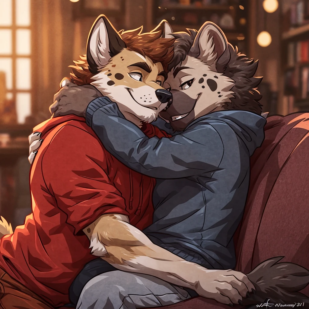 couple ((female)) hyena, 4k, high resolution, best quality, posted on e621, anthro body, female, adult, correct anatomy, (blurry background, out-of-focus background:1.2), (by wfa:1), (cel shaded, cartoony shading:1.2), black lineart, black outline, flat coloring, (strong shadows, dark shadows:1.2), Couple snuggling, Warm and welcoming atmosphere, Young people on the couch, Looks of complicity, Red sweatshirt, gray sweater, Soft lighting, Relaxed and comfortable, Closeness and tenderness.