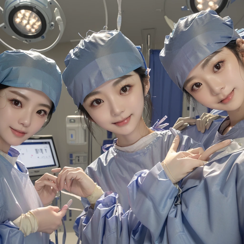 medium shot, 3 girls, smiling, beautiful Japanese female doctor wearing surgical outfit, beautiful detailed face, Japanese woman, black hair, pale skin, realistic skin, detailed cloth texture, detailed hair texture, Perfect proportion, Beautiful Face, accurate, Anatomically correct, Highly detailed face and skin texture , looking at viewer , modern hospital building,photorealistic,surgical_mask_open,surgical_nurse_ppt, completely_undone