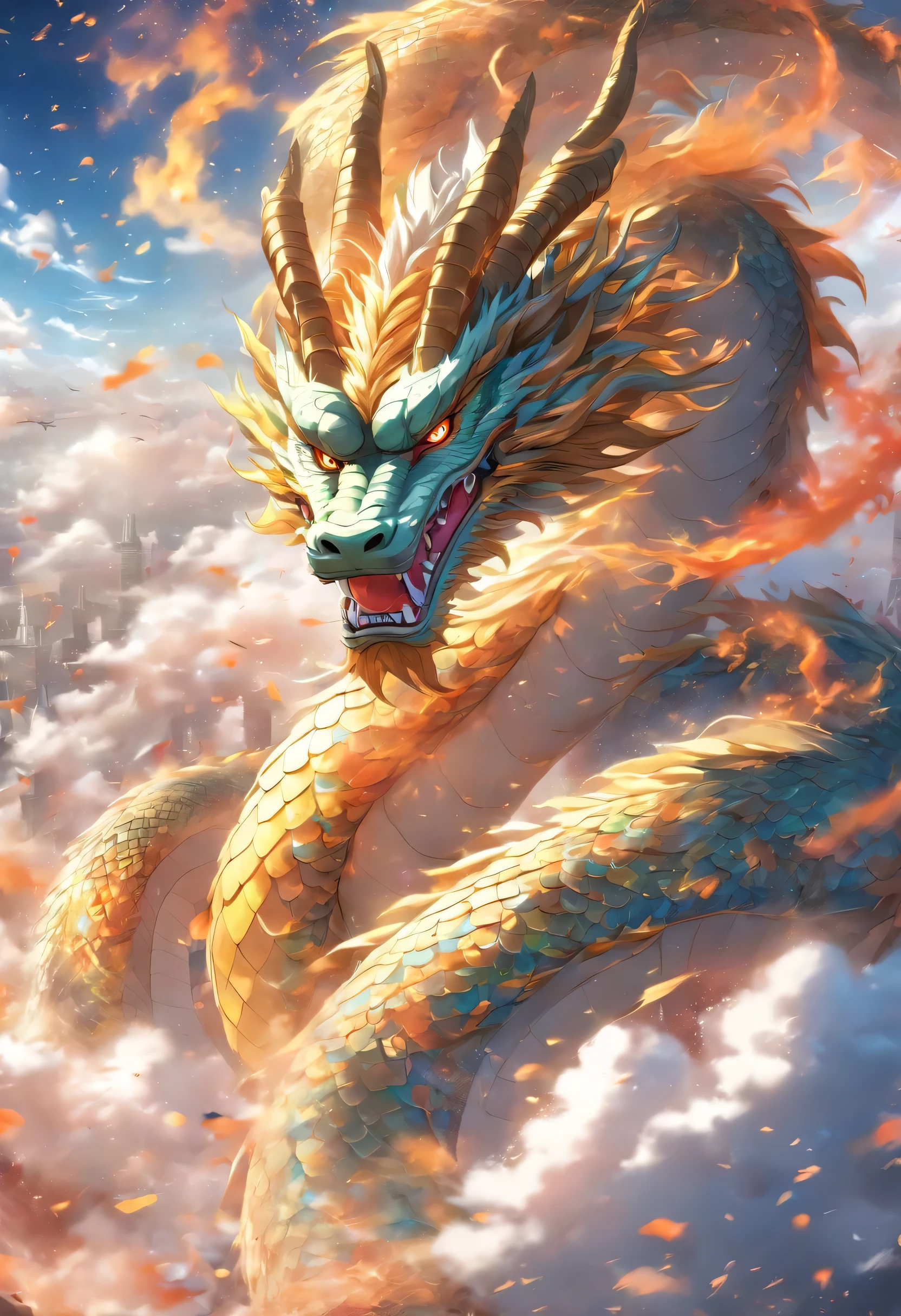 (masterpiece), (Best quality), Cinema quality,Rendered by Octane,extreme detailed details,Cloud dragon composed of white clouds,Huge Chinese dragon,Elongated dragon body,Revolutionary Subject,Dragon Tail,Dragon Horn,Dragon Claw,
