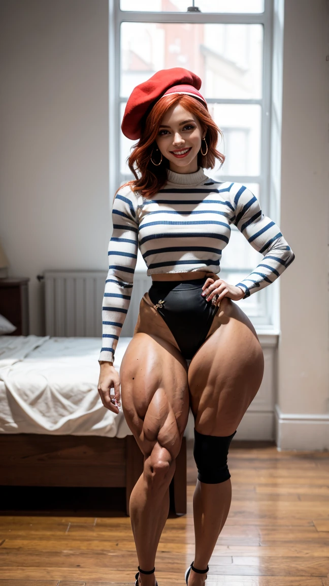(Muscular:2.5), (thick thighs:2.5),
french female, (red hair, pale skin:1.4), (big smile:1.8), short hair,
(eyeshadow, lipstick, red lips, hoop earrings:1.3)
(neck bandana:1.5), (black and white clothing), (frenchgirlstyle, blue ed pullover, horizontal strip5), (beret:1.3), (pencil skirt, skirt slit:1.8), (pantyhose:1.4), (stiletto heels:1.7),
looking at viewer, (three quarter view:1.6), (from above), (full body view), standing,
(dark bedroom), rim lighting, detailed skin, detailed eyes, two tone lighting, bokeh