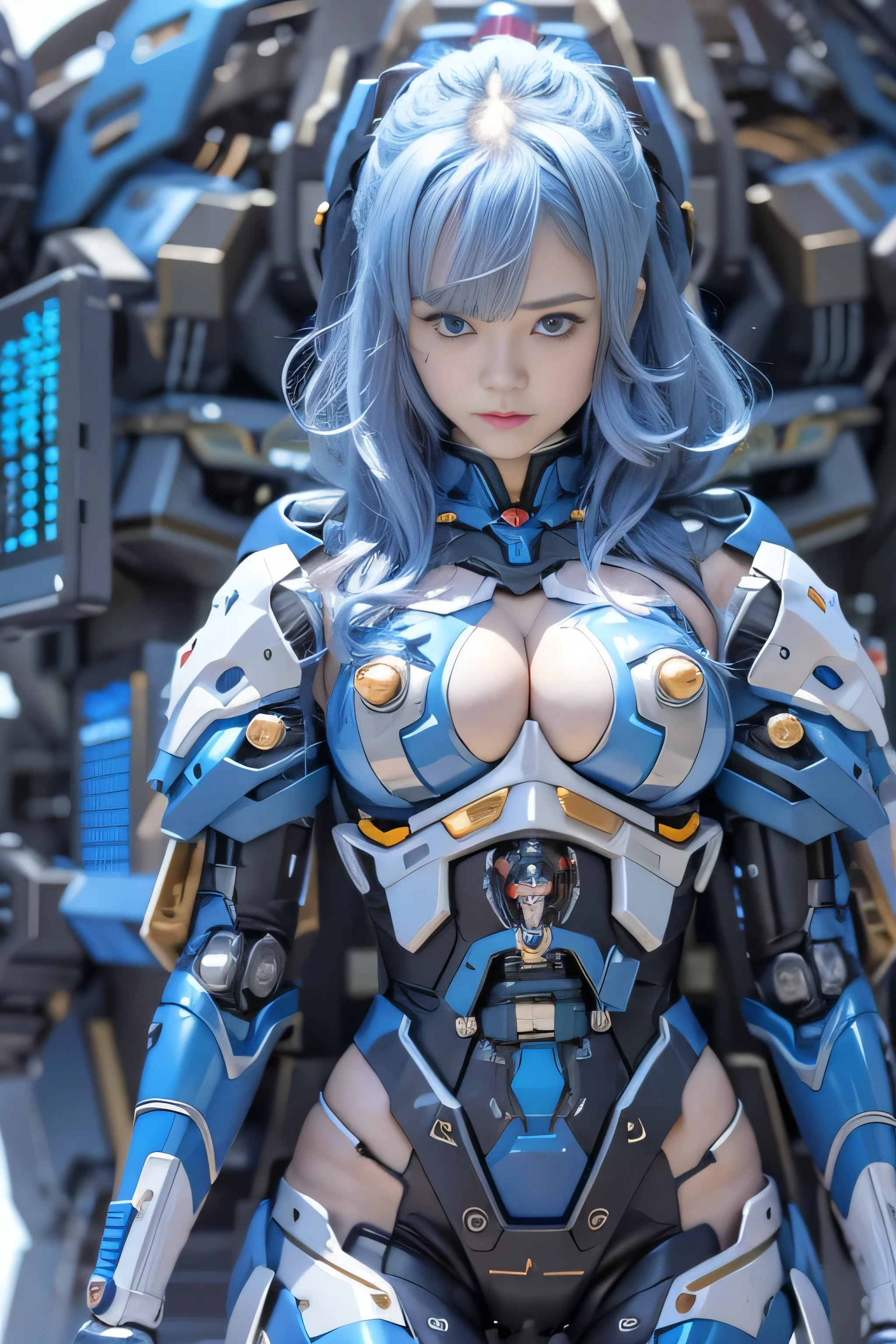 Wide-angle shot, 1 female, Mecha, Sparkling Blue Eyes, Very cute face, (Realistic:1.37), バイオMechaニカル, Complex robot, Spaceship interior bokeh background, Ultra-realistic, Very detailed, Very intricate detail, Beautiful woman in sharp focus, The machine is holding both of his arms, Exposed belly, crucifixion, spread_arms,