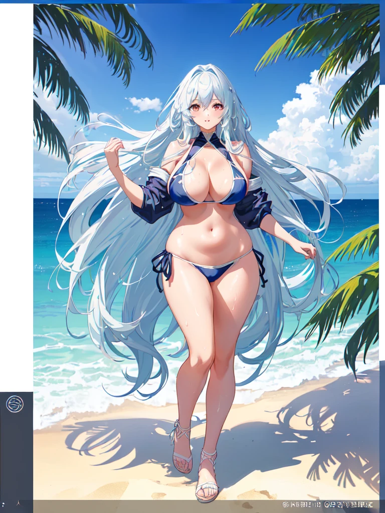 A beautiful anime girl with long flowing hair, standing on a beach in the evening, wearing a skimpy wet bikini that clings to her voluptuous figure, her skin glistening with sweat, in a dynamic anime art style, highly realistic, masterfully detailed, 8K, photo-realistic, cinematic lighting, vibrant colors, dramatic atmosphere