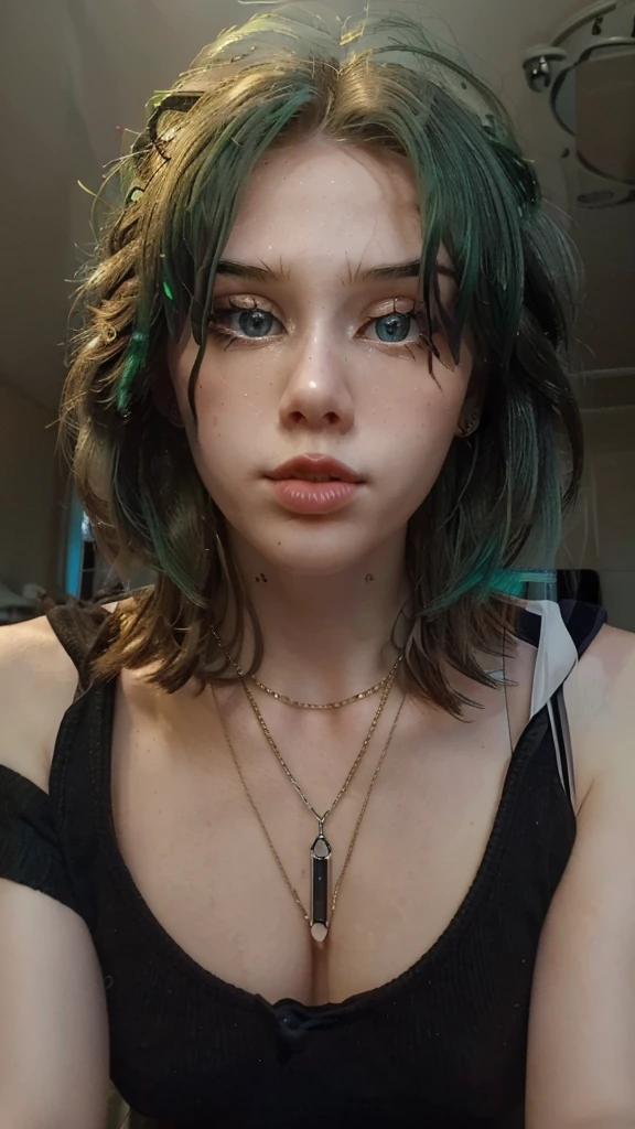 portrait, female facial focus, looking at viewer, close up, 
alinaodd, 1girl, solo, lips, makeup, green hair, long hair, necklace, bare shoulders, black shirt,
indoors, bedroom,
realistic, skin detail, volumetric lighting
 