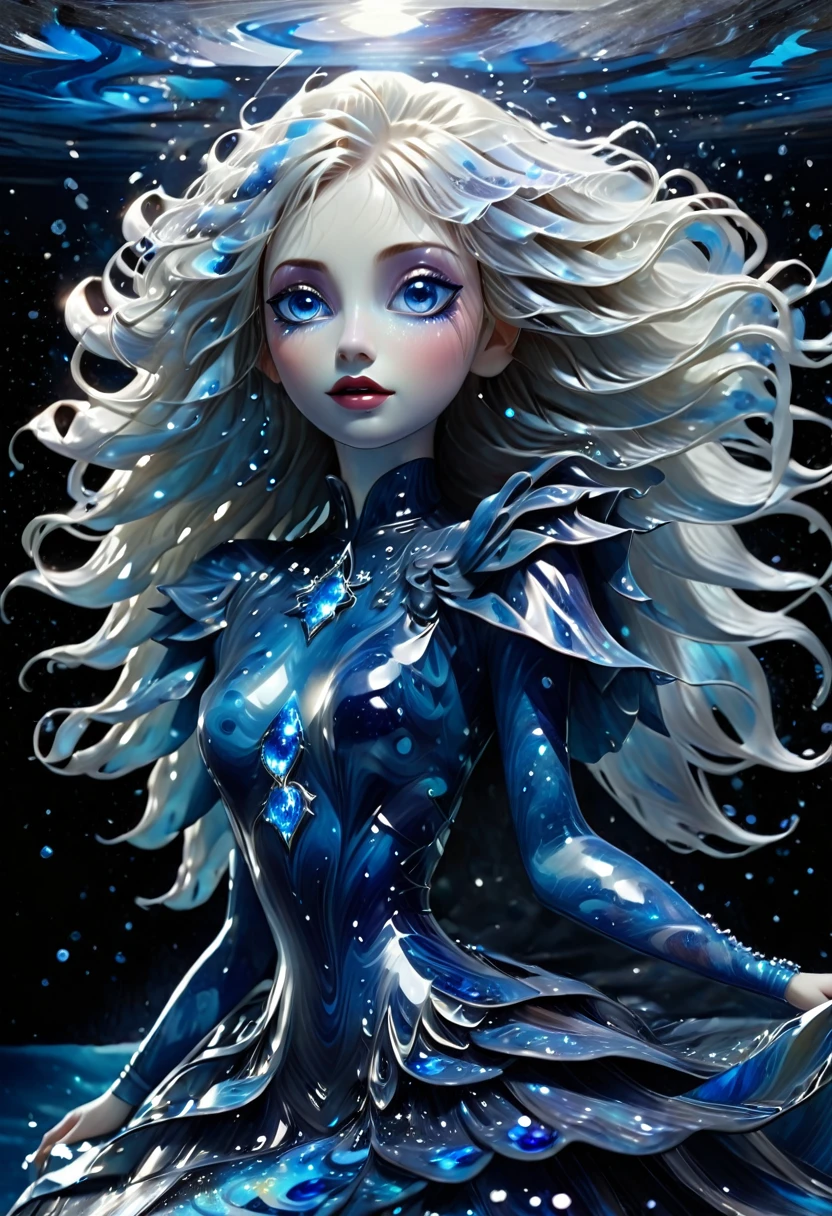 Floating onto the darkn sea surface. ((She hugs herself.)) Her body is covered in Blue crystal tanznite marble glitter. Her big blue eyes is cover with blue glitter eye shadowand her blue covered crystal lips. Covered in Blue Marble dress. Hair long and white floating above the earth