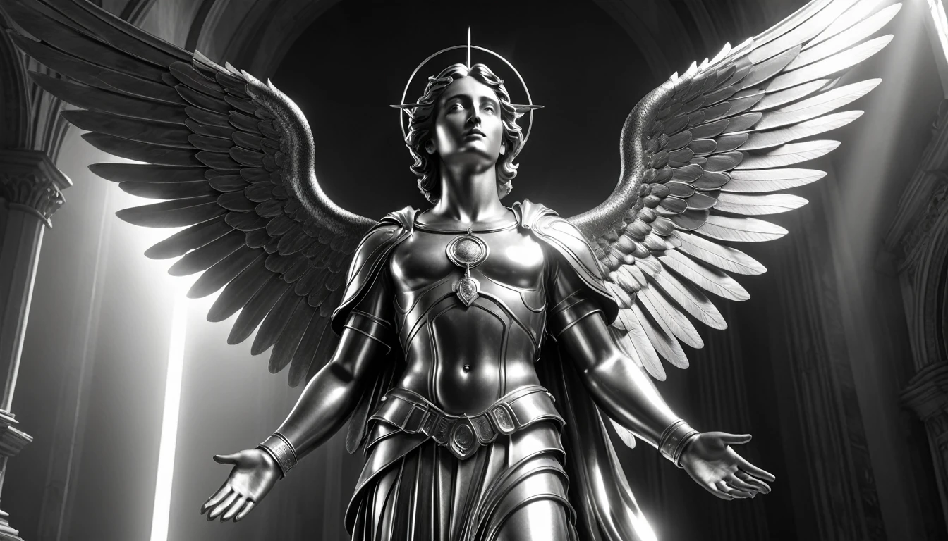 archangel, religious, surrealistic, thinking, Surrealism, Social realism, cinematic lighting, god rays, ray tracing, blending, multiple monochrome, masterpiece, high details, award winning, 8k, highres, best quality