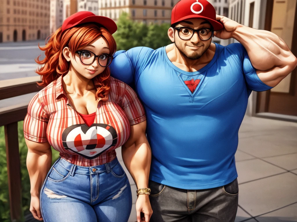 (masterpiece, best quality:1.2), A couple , boy Nino Lahiffe: Brown skin, dark hair, usually seen wearing a red cap, glasses, and casual clothing like a T-shirt and jeans, and a girl Alya Césaire: Brown skin, curly dark brown hair, often wears glasses, and typically seen in stylish, casual outfits. A casual day out with both characters in their everyday attire,Sharing a tender moment, like sitting on a rooftop overlooking Paris..(girl and boy:1), smiling, ((high resolution illustration)), ((extremely detailed)), (couple), Alya, Nino, Nino X Alya, (best quality,4k,8k,highres,masterpiece:1.2), ultra-detailed, realistic:1.37, HDR, studio lighting, extreme detail description, nino wearing a red cap, professional, vibrant colors, bokeh, ((muscular female bodybuilder)), detailed lips, strong embrace, romantic scene, intimate moment, intense passion, athletic bodies, fitness couple, gym background, muscular definition, sculpted muscles, sweat glistening,muscular