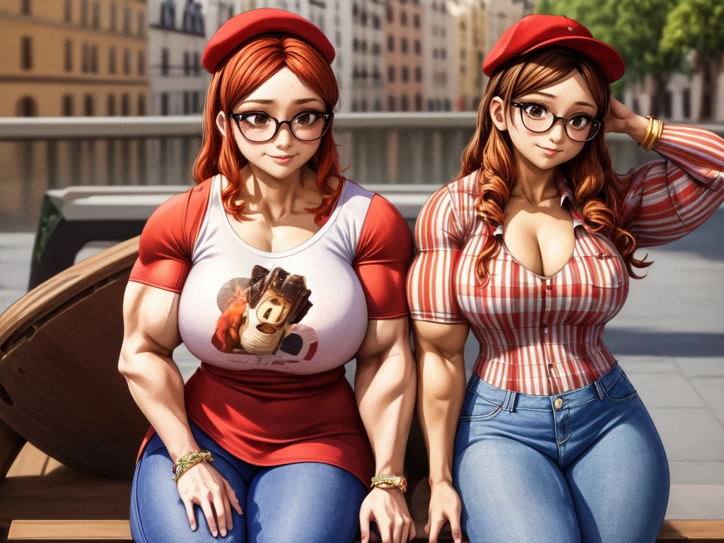 (masterpiece, best quality:1.2), A couple , boy Nino Lahiffe: Brown skin, dark hair, usually seen wearing a red cap, glasses, and casual clothing like a T-shirt and jeans, and a girl Alya Césaire: Brown skin, curly dark brown hair, often wears glasses, and typically seen in stylish, casual outfits. A casual day out with both characters in their everyday attire,Sharing a tender moment, like sitting on a rooftop overlooking Paris..(girl and boy:1), smiling, ((high resolution illustration)), ((extremely detailed)), (couple), Alya, Nino, Nino X Alya, (best quality,4k,8k,highres,masterpiece:1.2), ultra-detailed, realistic:1.37, HDR, studio lighting, extreme detail description, nino wearing a red cap, professional, vibrant colors, bokeh, ((muscular female bodybuilder)), detailed lips, strong embrace, romantic scene, intimate moment, intense passion, athletic bodies, fitness couple, gym background, muscular definition, sculpted muscles, sweat glistening,muscular