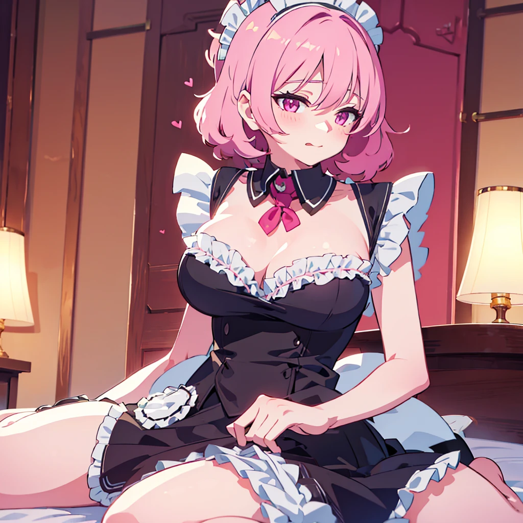 ((masterpiece)), ((best quality)), ((highly detailed)), (original), ((delicate background)), ((extremely detailed 8K wallpaper)), sweet, depth of field,
BREAK
((maid clothes)), ((scanty clothing)), lots of frills, big breasts,
BREAK
curly hair, faint pink hair, short hair,
BREAK
((heart-shaped eyes)), pink eyes, tongue out, blush,
BREAK
1girl, solo, cute girl, , shiny skin,
BREAK
full body shot, on the bed, ((wariza)), looking at the viewer,