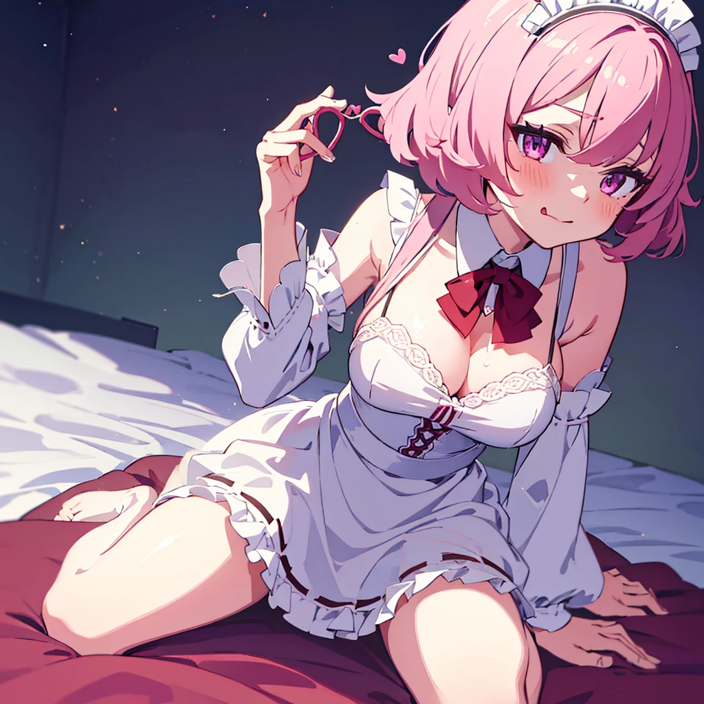 ((masterpiece)), ((best quality)), ((highly detailed)), (original), ((delicate background)), ((extremely detailed 8K wallpaper)), sweet, depth of field,
BREAK
((maid clothes)), ((scanty clothing)), lots of frills, big breasts,
BREAK
curly hair, faint pink hair, short hair,
BREAK
((heart-shaped eyes)), pink eyes, tongue out, blush,
BREAK
1girl, solo, cute girl, , shiny skin,
BREAK
full body shot, on the bed, ((wariza)), looking at the viewer,