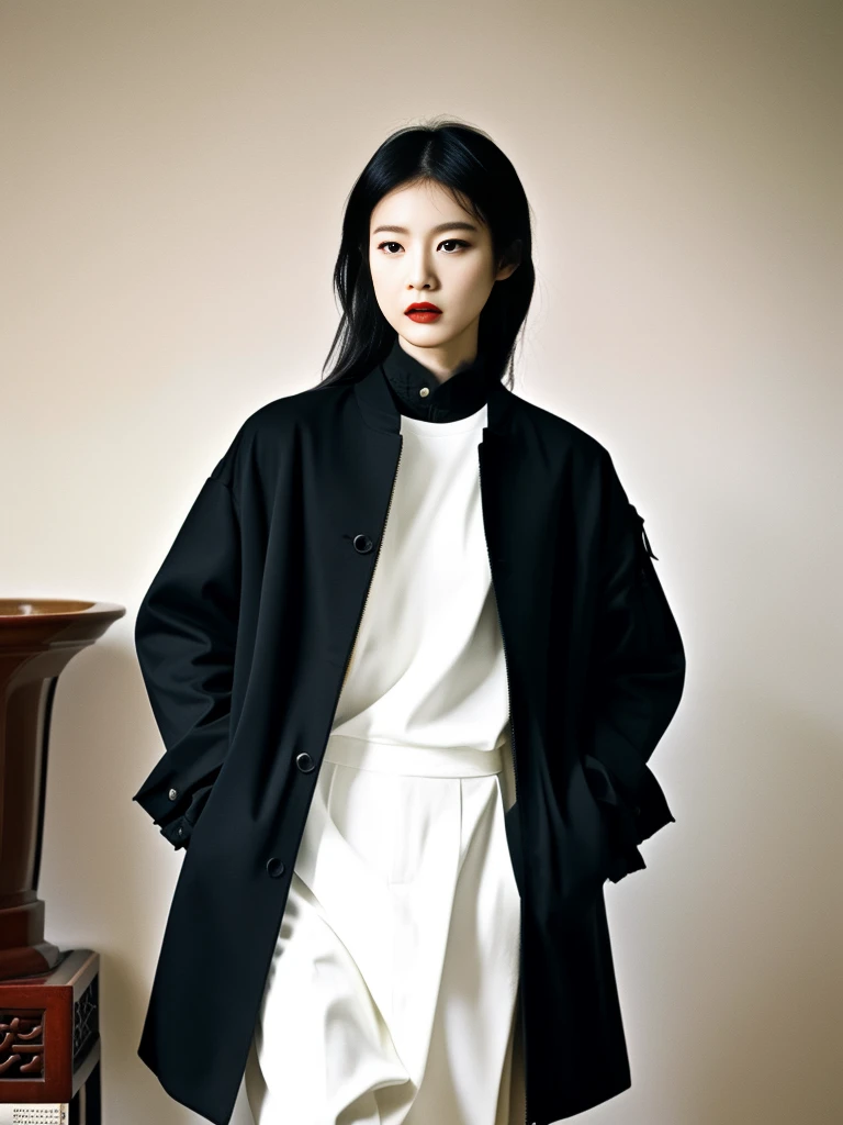 one person,fashion magazine,Vanishing Point,Black tones,Alien Planet,Elegant and fashionable clothing,Terracotta Warriors Minimalist Interior Design。