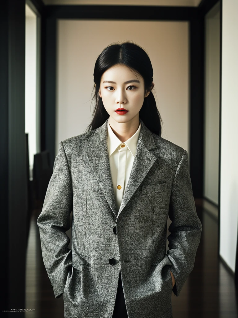 one person,fashion magazine,Vanishing Point,Black tones,Alien Planet,Elegant and fashionable clothing,Terracotta Warriors Minimalist Interior Design。