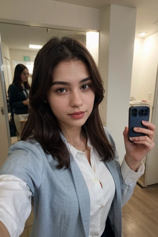 Front camera selfie of a girl in blue coat and white shirt