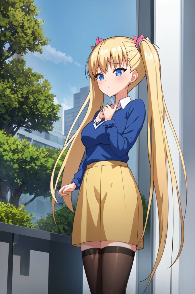 1girl, blonde_hair, blue_eyes, blue_sky, blush, breasts, bush, cloud, cloudy_sky, day, frown, hair_ornament, hair_scrunchie, long_hair, long_sleeves, looking_at_viewer, medium_breasts, outdoors, scrunchie, shirt, sky, solo, tree, twintails, upper_body, window
anime, hdr, soft light, ((best quality)), ((masterpiece)), (detailed),
