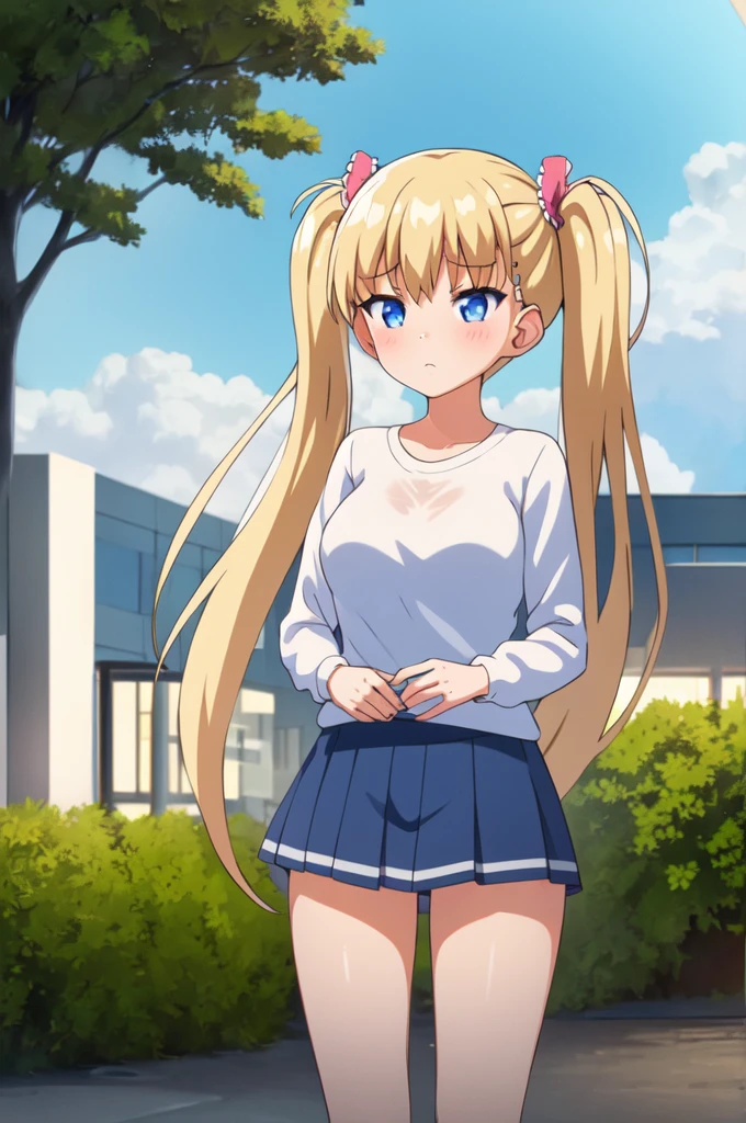 1girl, blonde_hair, blue_eyes, blue_sky, blush, breasts, bush, cloud, cloudy_sky, day, frown, hair_ornament, hair_scrunchie, long_hair, long_sleeves, looking_at_viewer, medium_breasts, outdoors, scrunchie, shirt, sky, solo, tree, twintails, upper_body, window
anime, hdr, soft light, ((best quality)), ((masterpiece)), (detailed),
