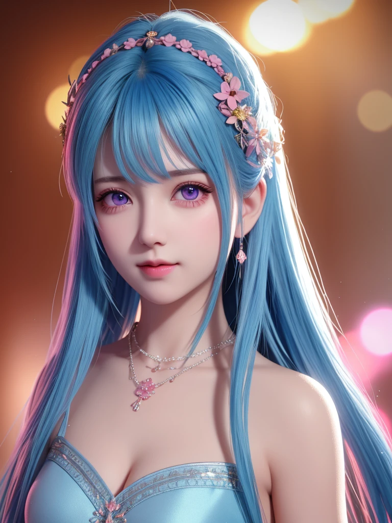 best quality, masterpiece, High target, 1 Girl, nude, Hair Decorationss, necklace, Decorations, Pretty Face, When the body, Tyndall effect, Realistic Portraits, Dark Studio, Edge lighting, Two-color light, (Very delicate skin:1.2), 8K uhd, Digital SLR Camera, Soft Light, high quality, Volumetric Lighting, Honest, photo, high resolution, 4K, 8K, Bokeh, Blue Hair,pink hair tips, Pink Eyes.