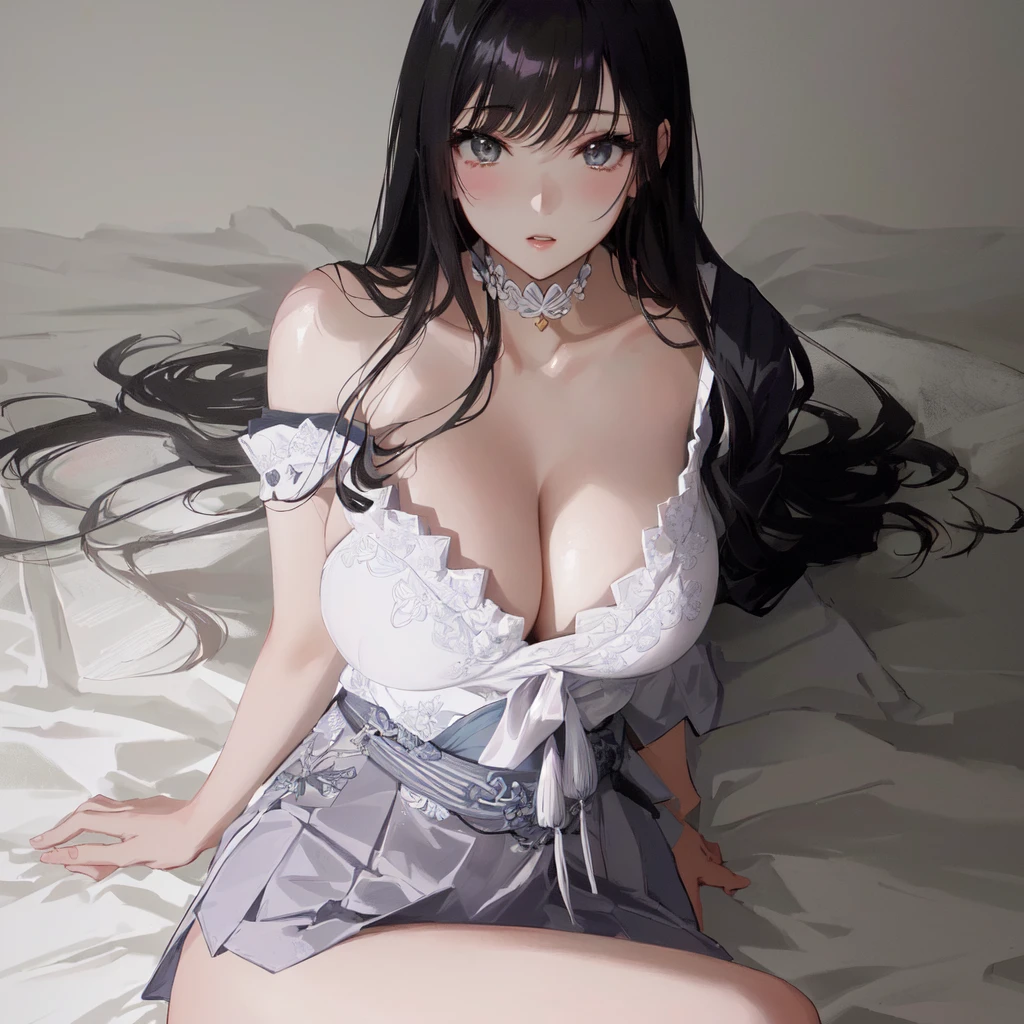 anime woman in a white top and grey skirt, korean girl, japanese goddess, anime girl, beautiful asian girl, open v chest clothes, sexy girl, sakimichan, gorgeous young korean woman, sexy dress, asian, japanese model, cleavage, beautiful south korean woman, tight attire, sexy look at the camera, cutecore, full subject in shot, huge breasts, anime style