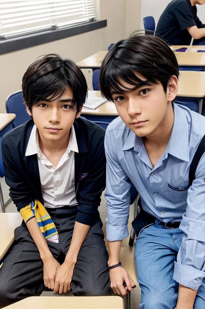 Two anime boys in class room seating next to each other and try to cheat in exam Teacher is monitoring the class